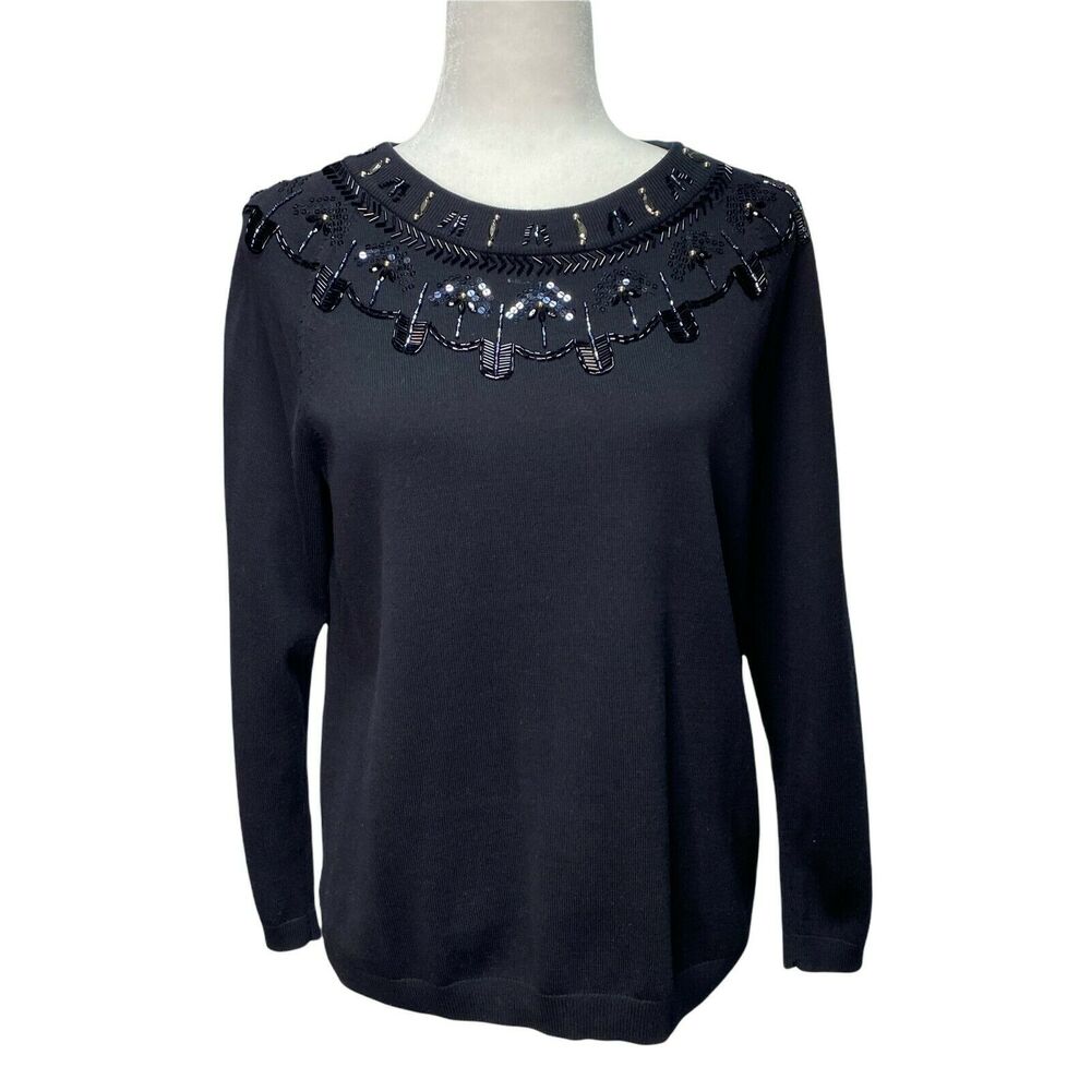 RSVP BY TALBOTS | sz L Petite Women's Pull Over Crew Beaded Jewel Yoke Sweater - Picture 2 of 7
